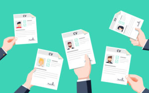 Hands holding CV papers. Human resources management concept, searching professional staff, analyzing resume papers, work. Flat vector illustration. Resume application for career position competition.