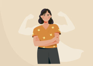 Strong woman concept. Confident, happy female character with shadow showing off her biceps. Metaphor for feminism and independence. Cartoon flat vector illustration isolated on beige background