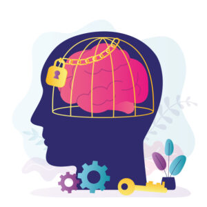Human head, brain in golden cage with chain. Limited thinking in humans. Brain closed to new information and ideas. Mind does not develop or learn. Mind is in strict limits. Flat Vector illustration